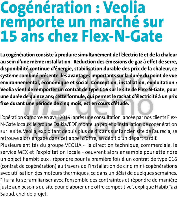 Cogénération : Veolia remporte un marché sur 15 ans chez Flex-N-Gate La cogénération consiste à produire simultanémen   